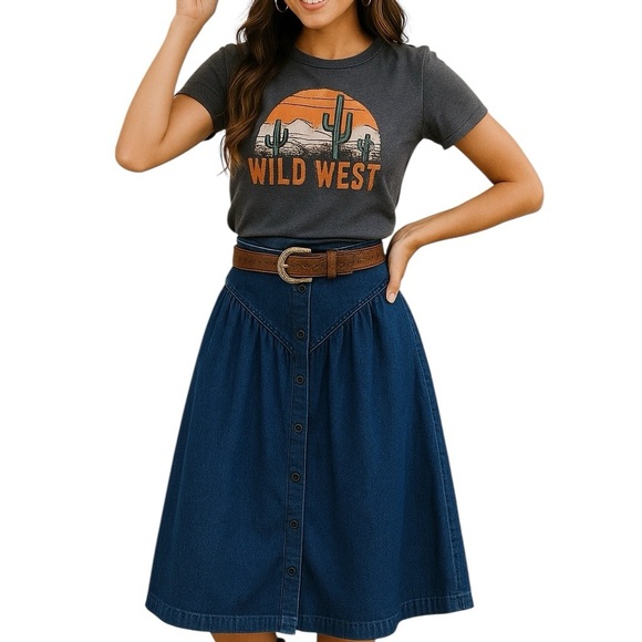 Vintage Small Denim Midi Length Skirt Pockets Modest Prairie Cottage-core Casual - Picture 1 of 7